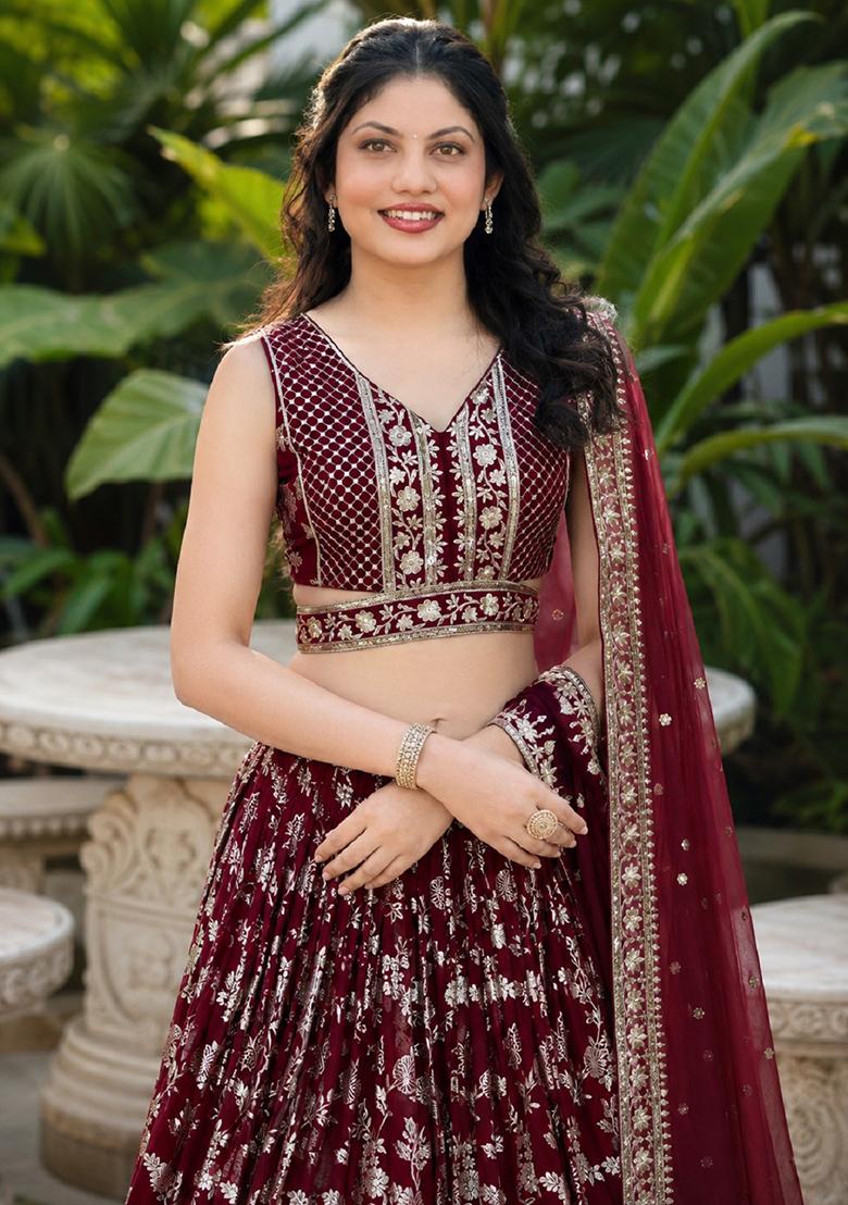Maroon Embroidery Jacquard Lehenga Set - Indya