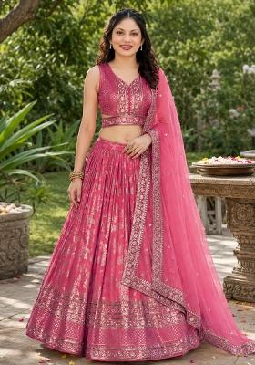 Peach Embroidery Jacquard Lehenga Set