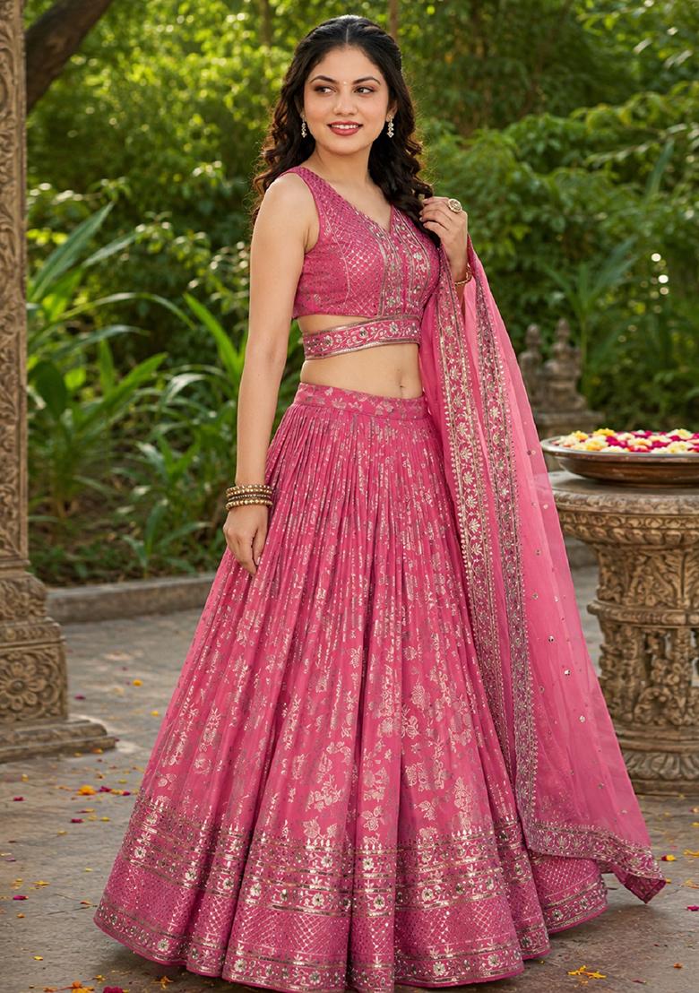 Peach Embroidery Jacquard Lehenga Set - Indya