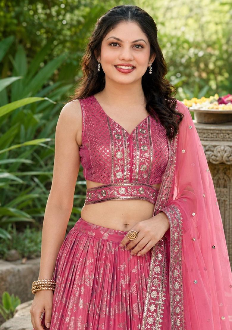 Peach Embroidery Jacquard Lehenga Set - Indya