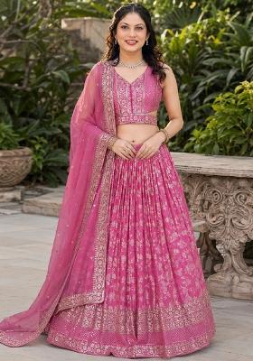 Pink Embroidery Jacquard Lehenga Set