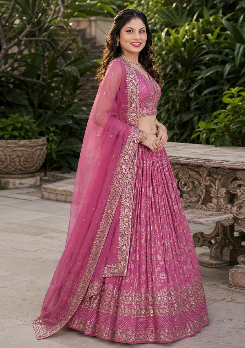 Pink Embroidery Jacquard Lehenga Set - Indya