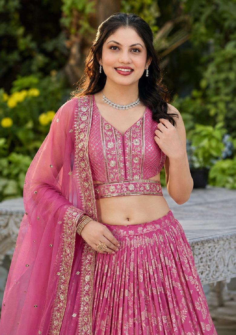 Pink Embroidery Jacquard Lehenga Set - Indya