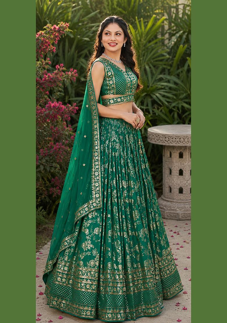 Teal Embroidery Jacquard Lehenga Set - Indya