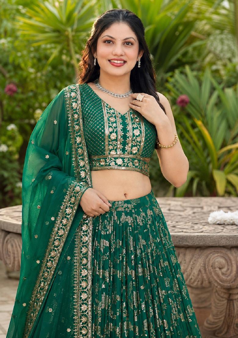Teal Embroidery Jacquard Lehenga Set - Indya