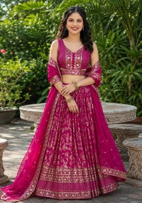 Rani Pink Embroidery Jacquard Lehenga Set