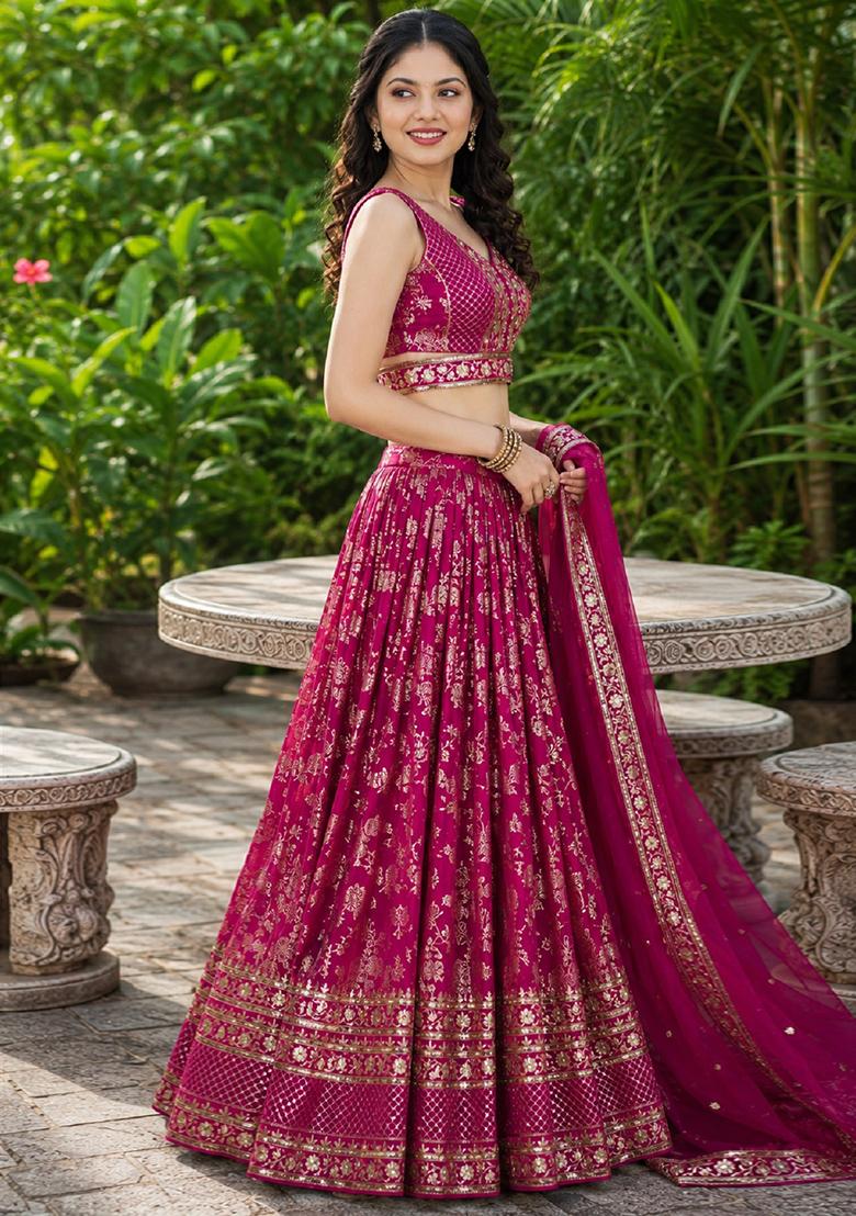 Rani Pink Embroidery Jacquard Lehenga Set - Indya