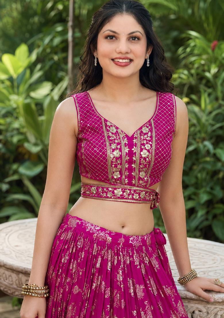 Rani Pink Embroidery Jacquard Lehenga Set - Indya
