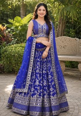Royal Blue Embroidery Jacquard Lehenga Set