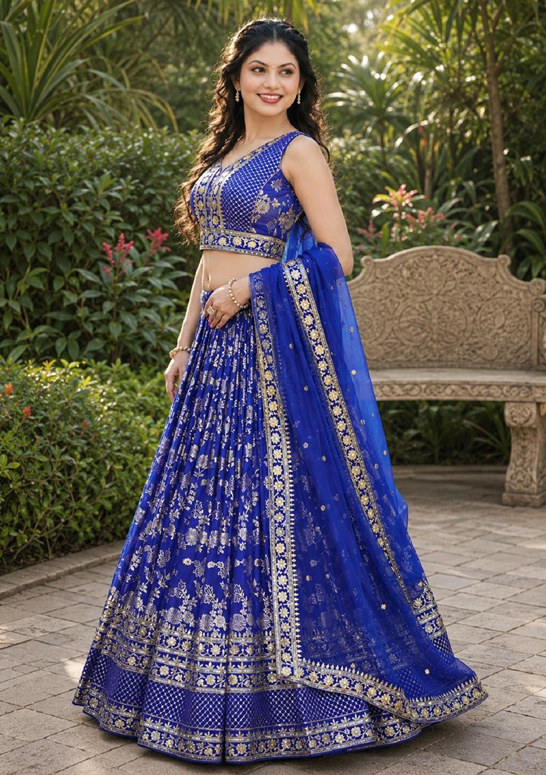 Royal Blue Embroidery Jacquard Lehenga Set - Indya
