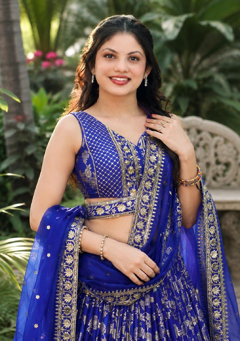Royal Blue Embroidery Jacquard Lehenga Set - Indya