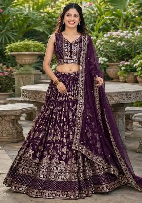 Wine Embroidery Jacquard Lehenga Set