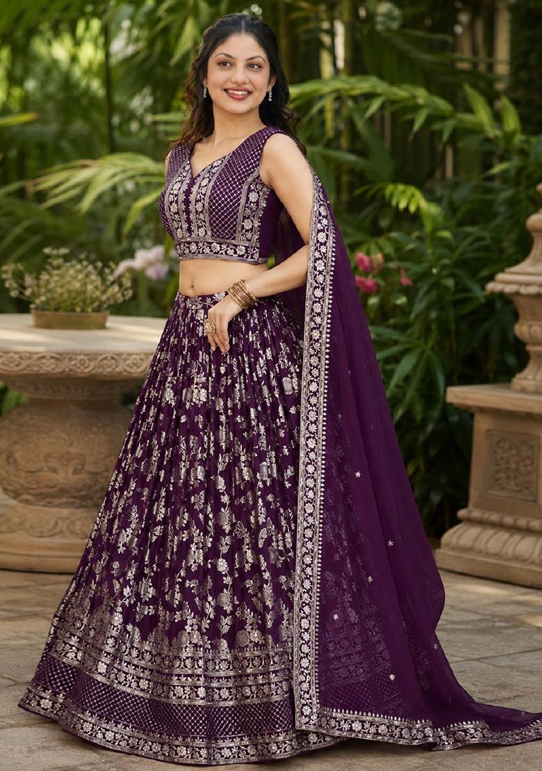 Wine Embroidery Jacquard Lehenga Set - Indya