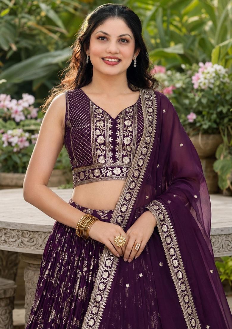 Wine Embroidery Jacquard Lehenga Set - Indya