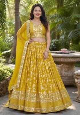 Yellow Embroidery Jacquard Lehenga Set