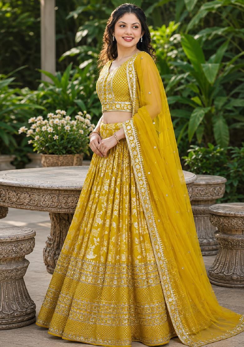 Yellow Embroidery Jacquard Lehenga Set - Indya