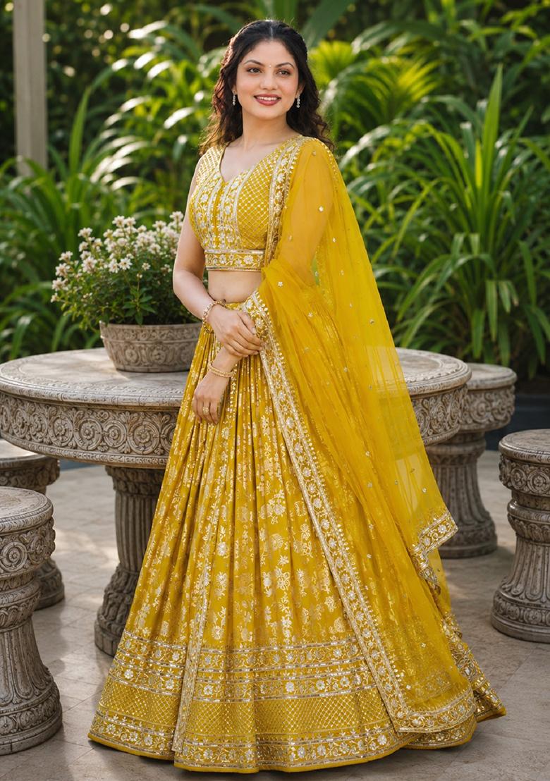 Yellow Embroidery Jacquard Lehenga Set - Indya