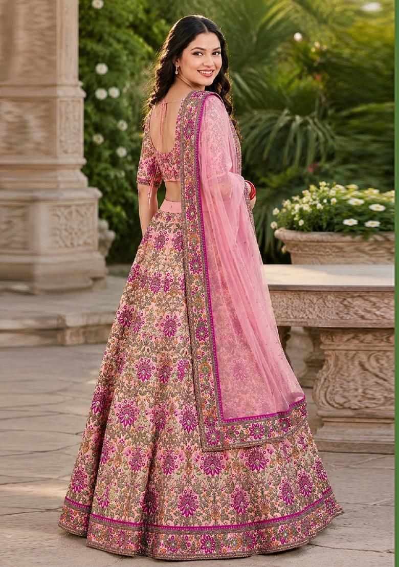 Pink Embroidery Silk Lehenga Set - Indya