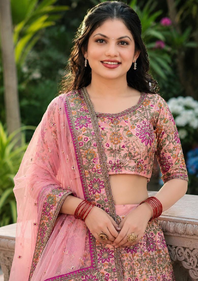 Pink Embroidery Silk Lehenga Set - Indya