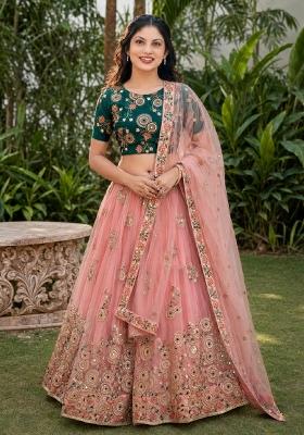Pink Embroidery Net Lehenga Set