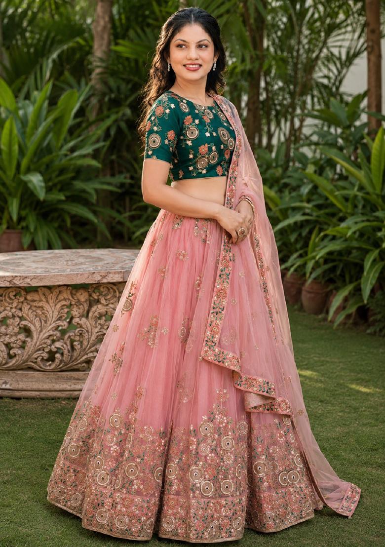 Pink Embroidery Net Lehenga Set - Indya