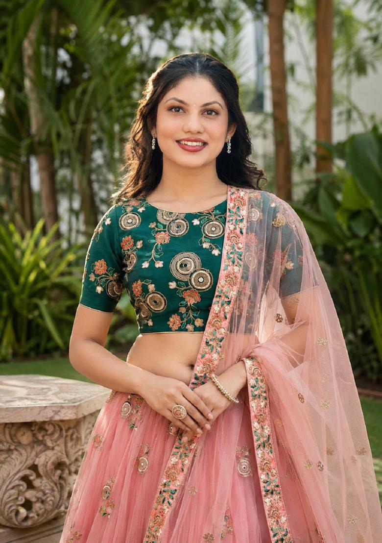 Pink Embroidery Net Lehenga Set - Indya