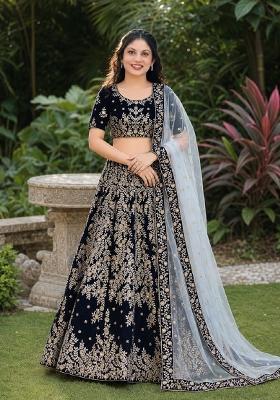 Navy Blue Embroidery Velvet Lehenga Set
