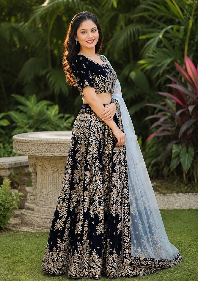 Navy Blue Embroidery Velvet Lehenga Set - Indya