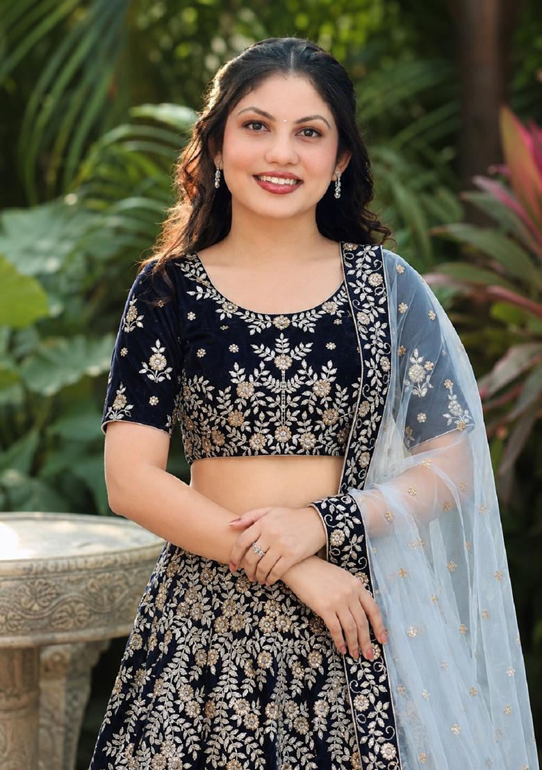 Navy Blue Embroidery Velvet Lehenga Set - Indya