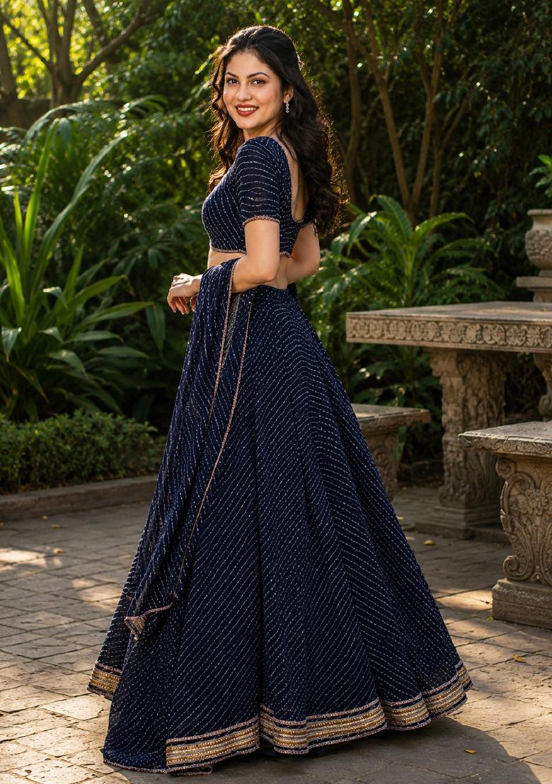 Black Lehariya Georgette Lehenga Set - Indya