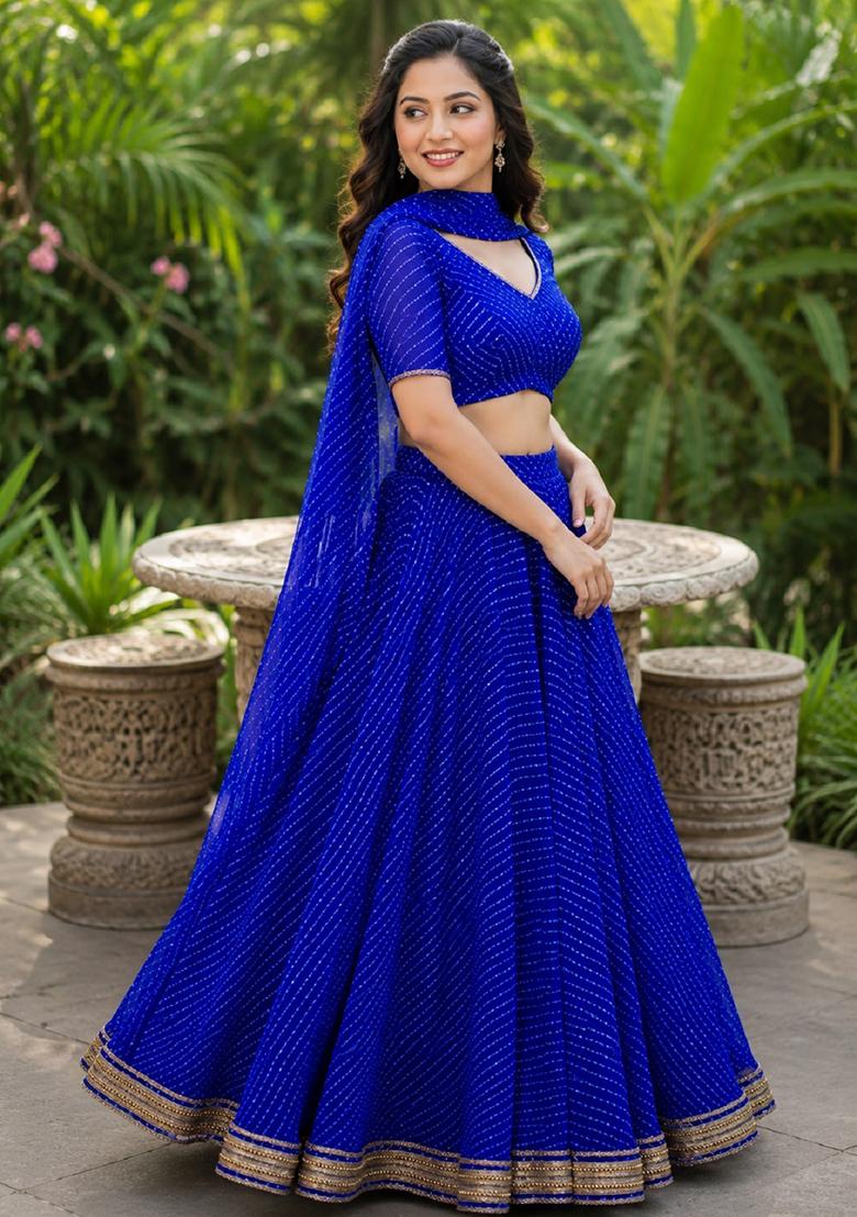 Blue Lehariya Georgette Lehenga Set - Indya