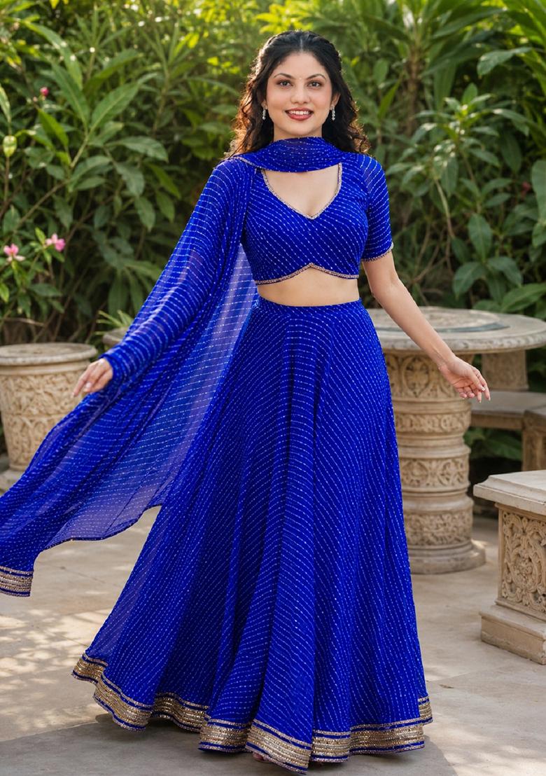 Blue Lehariya Georgette Lehenga Set - Indya