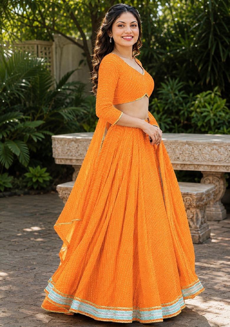 Orange Lehariya Georgette Lehenga Set - Indya