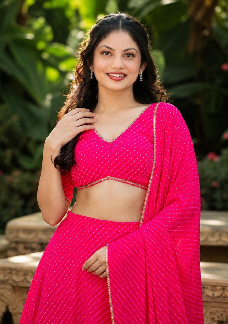 Pink Lehariya Georgette Lehenga Set - Indya