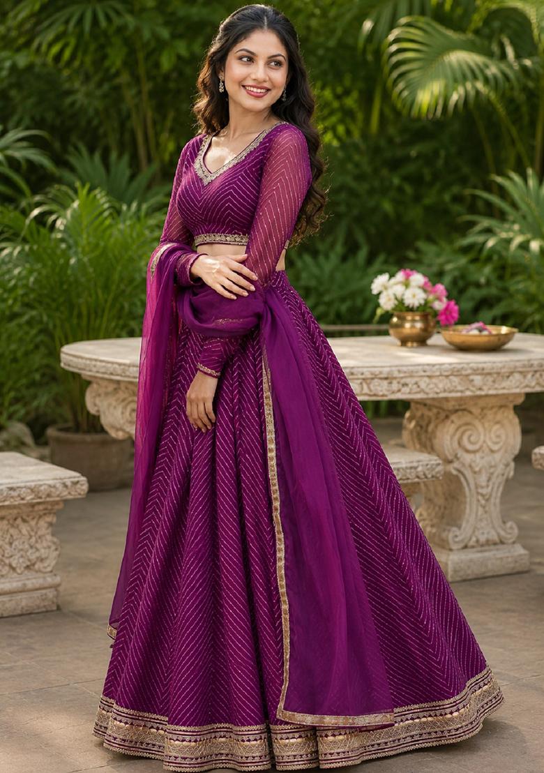 Purple Lehariya Georgette Lehenga Set - Indya