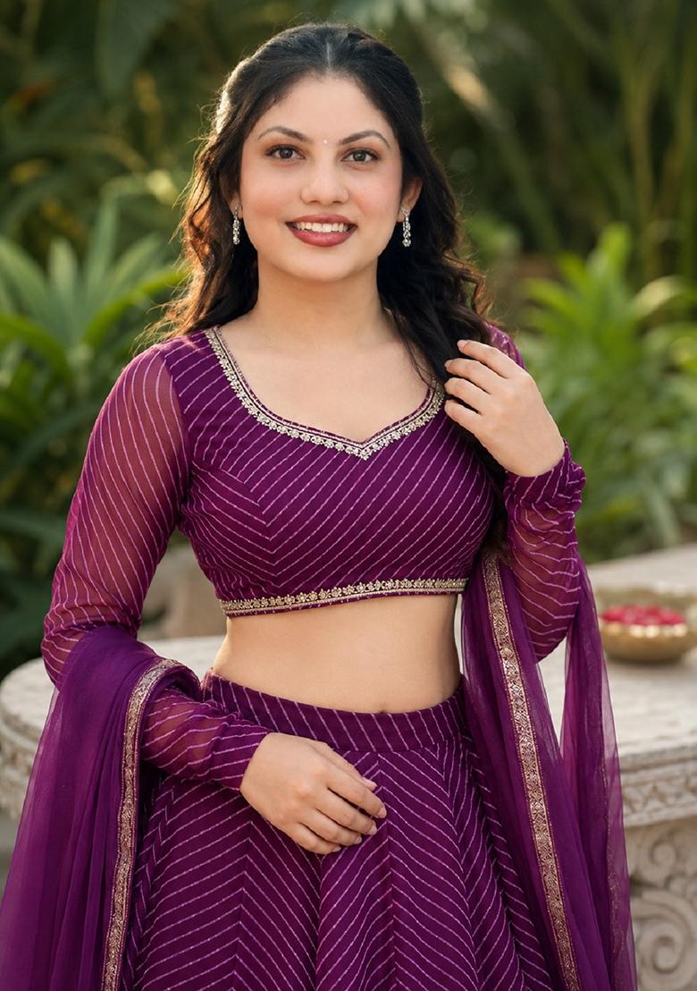 Purple Lehariya Georgette Lehenga Set - Indya