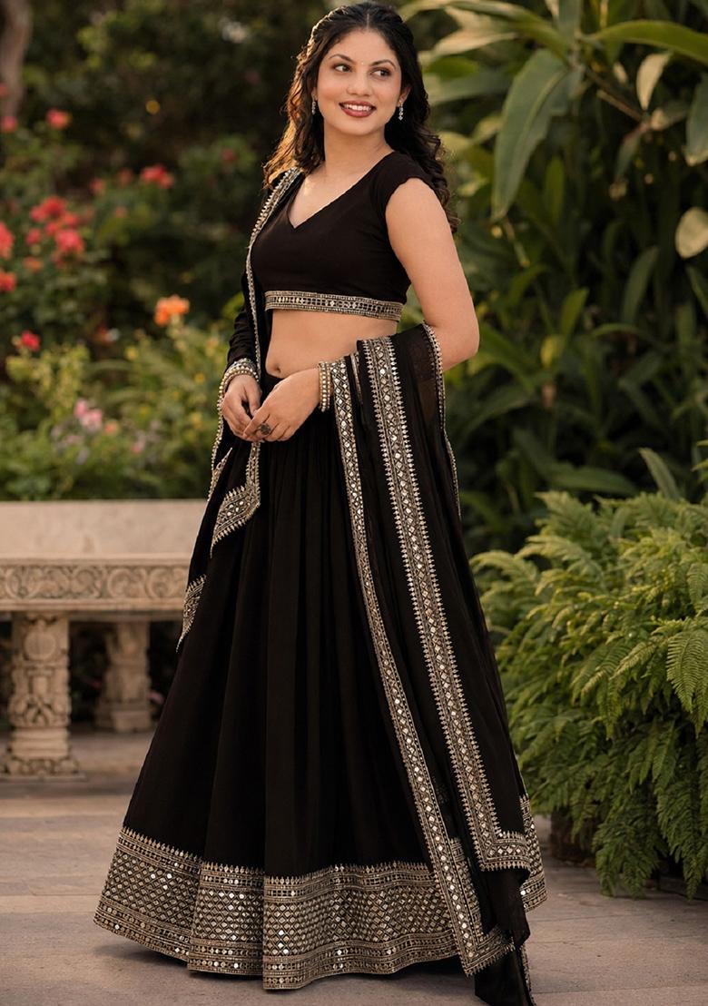 Black Embroidery Georgette Lehenga Set - Indya