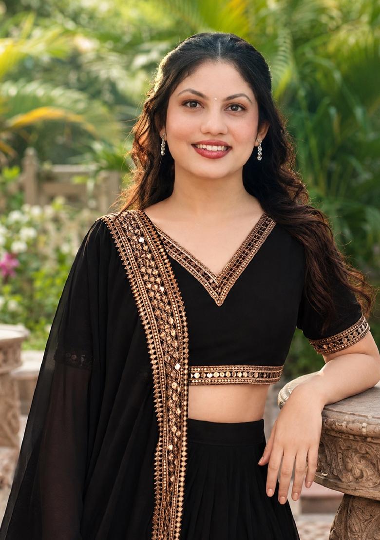 Black Embroidery Georgette Lehenga Set - Indya