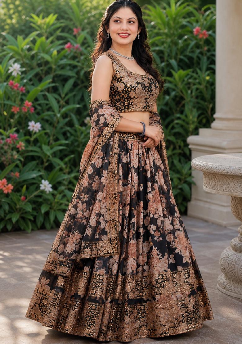 Black Embroidery Organza Lehenga Set - Indya