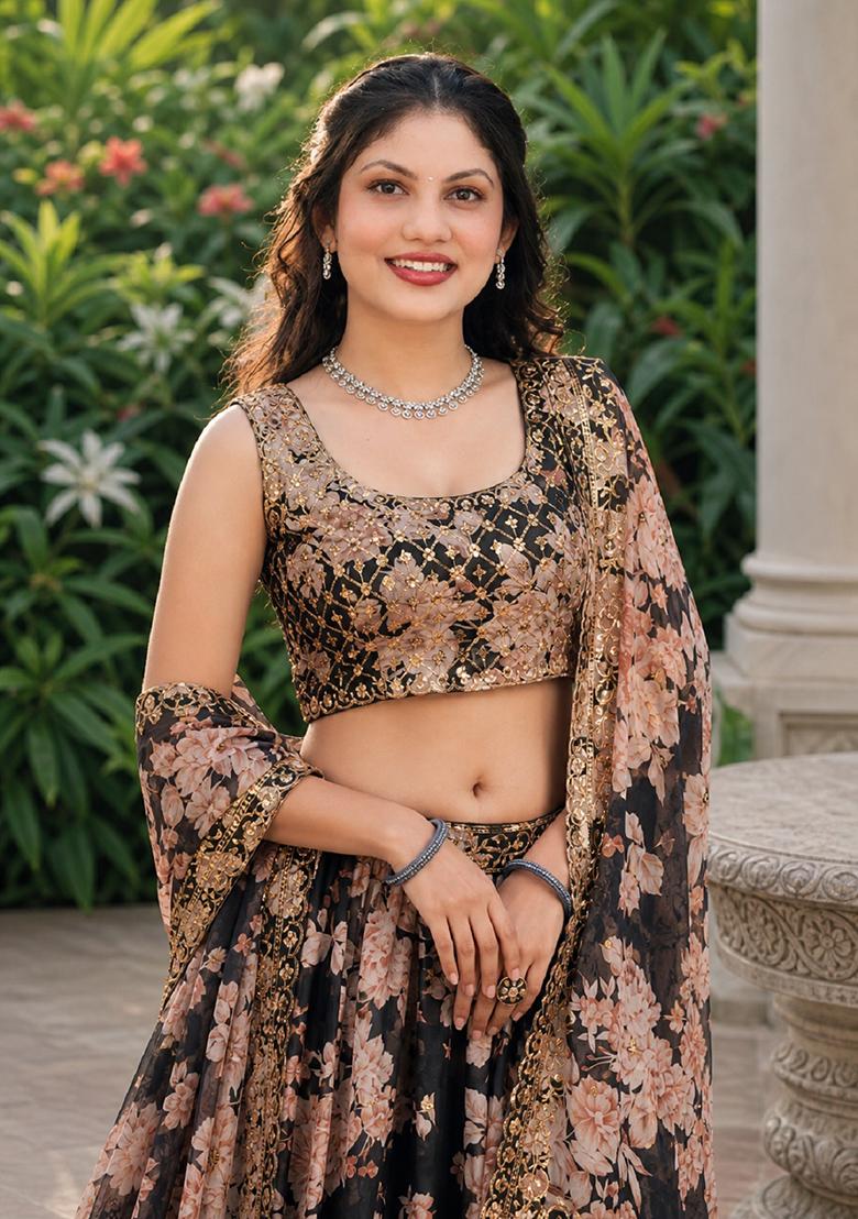 Black Embroidery Organza Lehenga Set - Indya