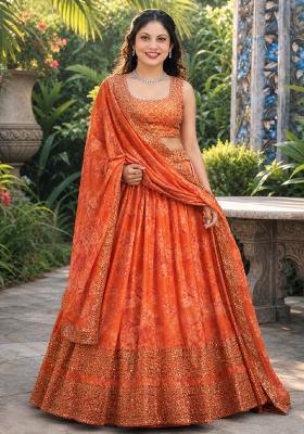 Orange Embroidery Organza Lehenga Set