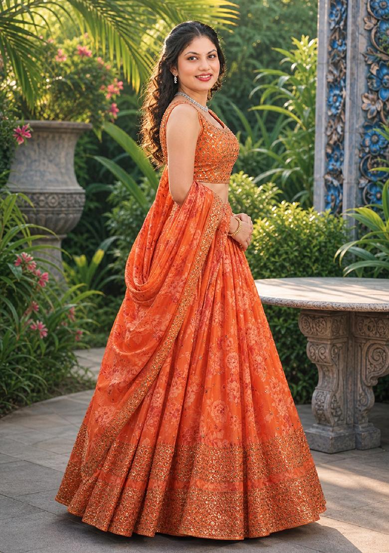 Orange Embroidery Organza Lehenga Set - Indya