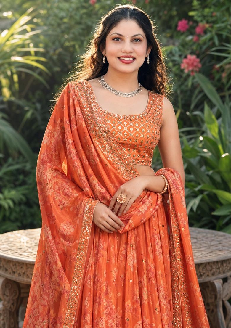 Orange Embroidery Organza Lehenga Set - Indya