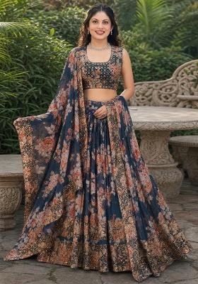 Blue Embroidery Organza Lehenga Set
