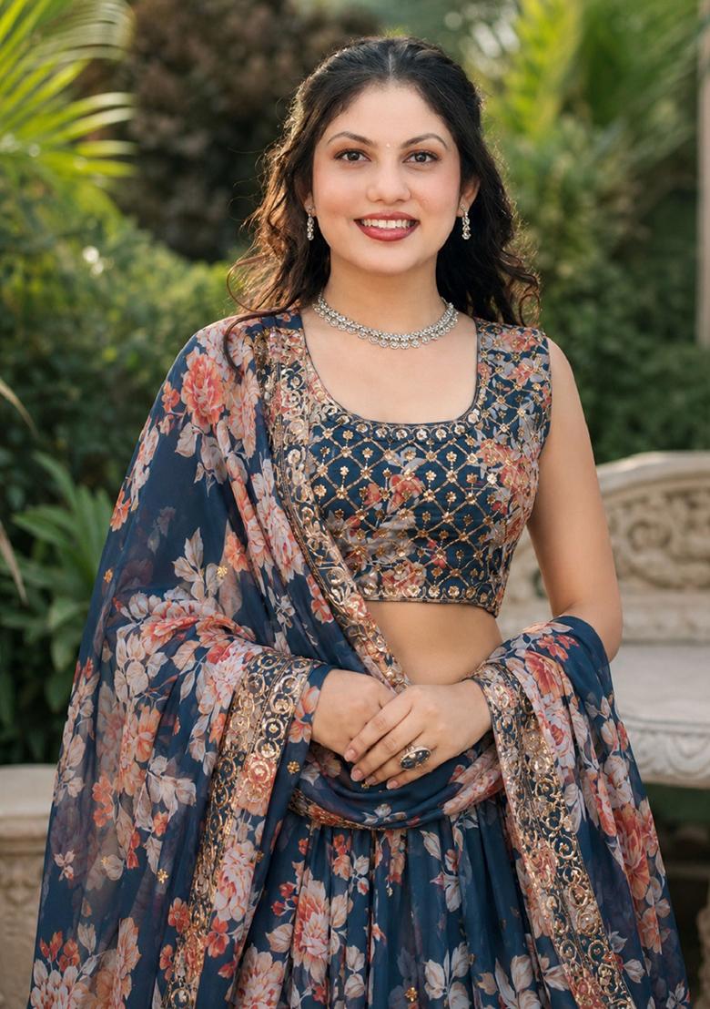 Blue Embroidery Organza Lehenga Set - Indya