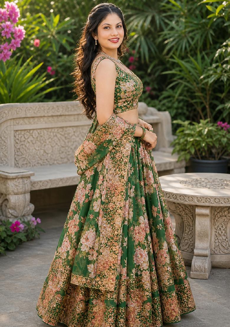 Green Embroidery Organza Lehenga Set - Indya