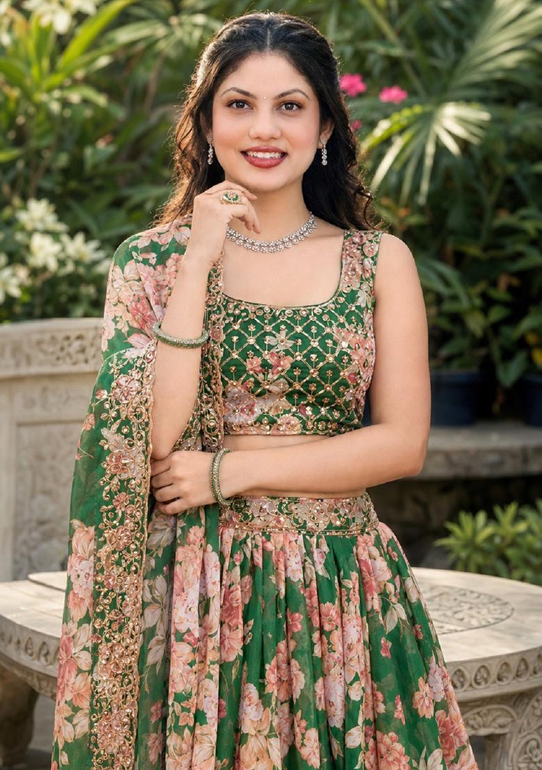 Green Embroidery Organza Lehenga Set - Indya
