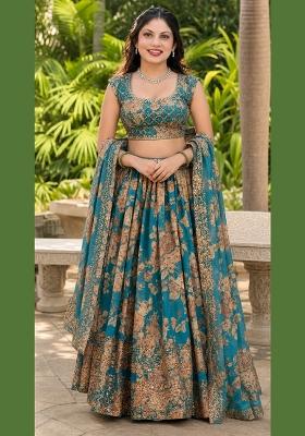 Turquoise Embroidery Organza Lehenga Set