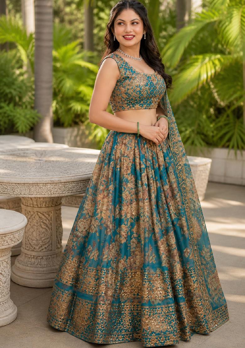 Turquoise Embroidery Organza Lehenga Set - Indya