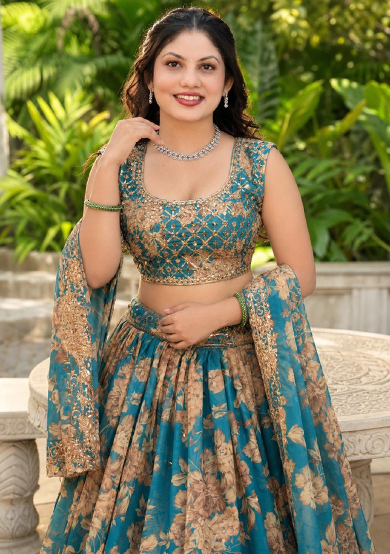Turquoise Embroidery Organza Lehenga Set - Indya